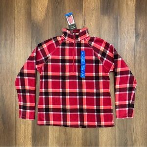 Eddie Bauer Women’s L Berry Plaid Fleece Mock Neck 1/4 Zip Pullover Pink Red NWT